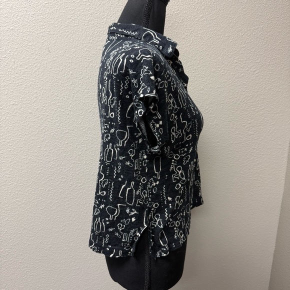 Nicole Miller Linen Top Black White Print V Neck Blouse Lightweight Size L - Picture 6 of 10